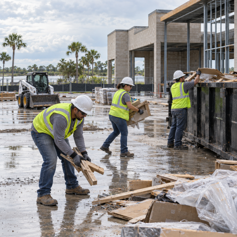 Professional site cleanup crew clearing construction debris in Lakeland, Florida