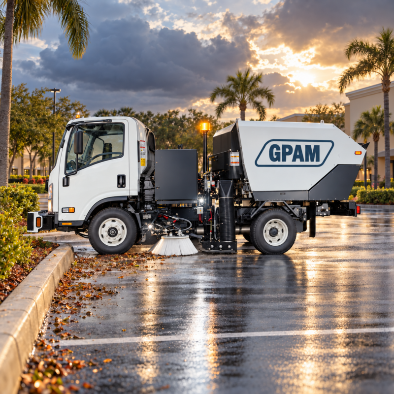 GPAM truck providing parking lot sweeping in Tampa, Florida after summer rain